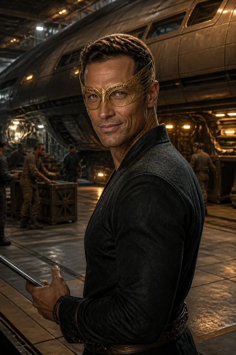 Vasheth, a masked Aurelian captain on Vesper Station's dock level