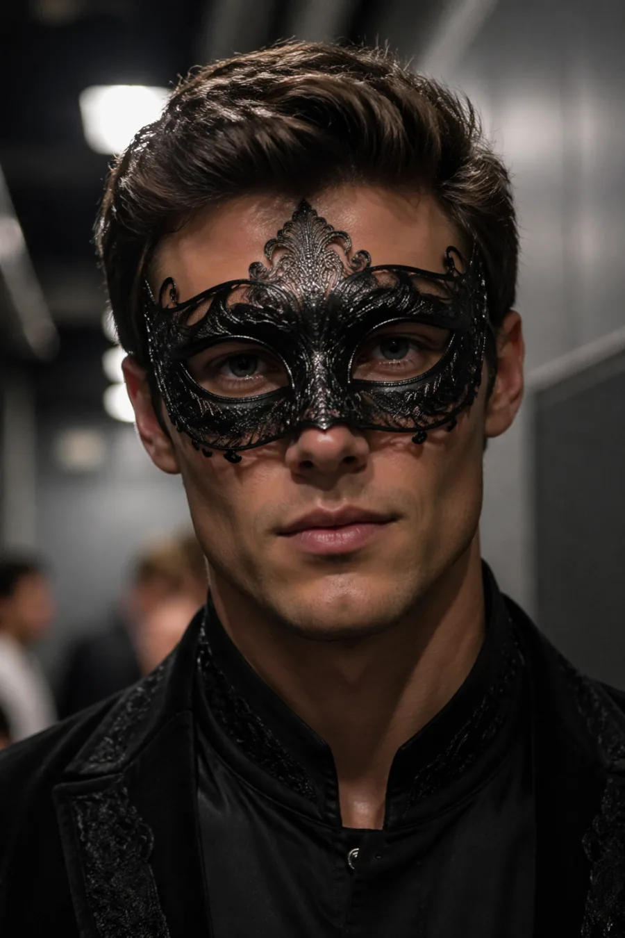 A man in a black filigree mask in a dim corridor