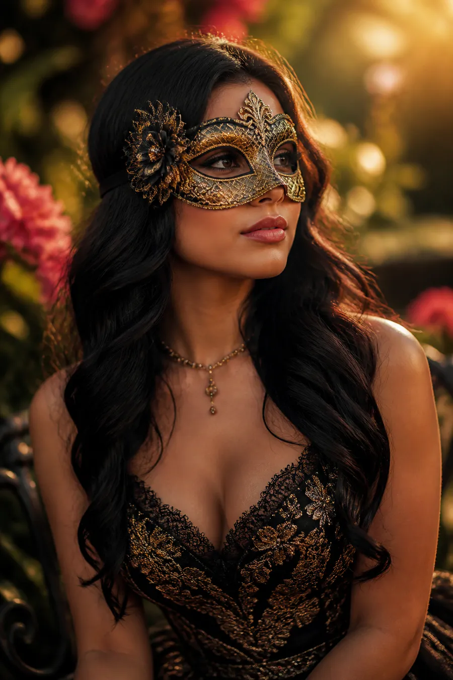 A woman in an ornate black-and-gold mask at golden hour