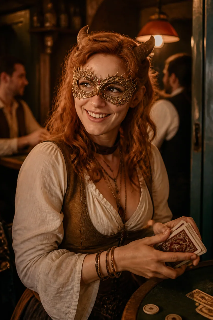A masked hellkin woman dealing cards in a lantern-lit tavern
