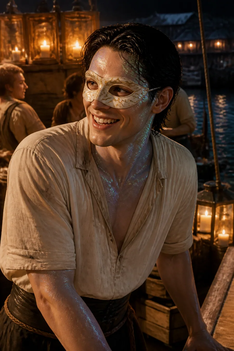 A masked siren man smiling on a lantern-lit quay