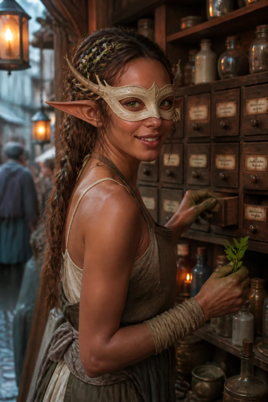 A masked fae apothecary looking back inside a lantern-lit shop