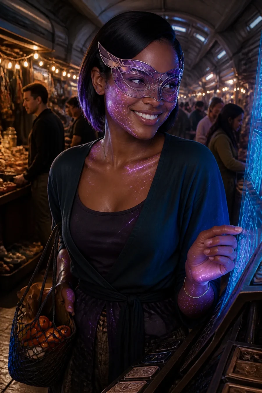 Vesperine, a luminous masked resident browsing Vesper Station's night market