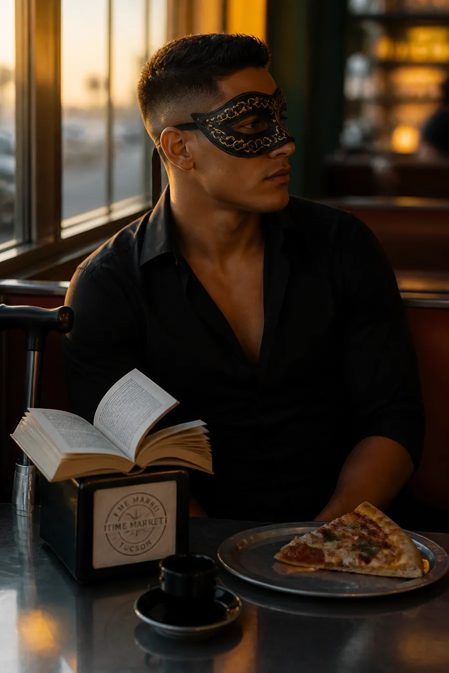 A masked man reading alone in a golden-hour café